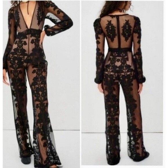 New For Love & Lemons x Free People Temecula Sheer Black Lace Jumpsuit XL - Picture 1 of 8